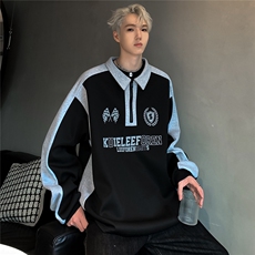春秋季新款美式拼色字母印花POLO卫衣男潮牌宽松情侣上衣W83-P58，男装卫衣，电商C307