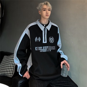 春秋季新款美式拼色字母印花POLO卫衣男潮牌宽松情侣上衣W83-P58图片