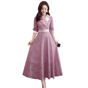 连衣裙2021春季新款百搭修身花色西装领蕾丝长裙镂空淑女图片