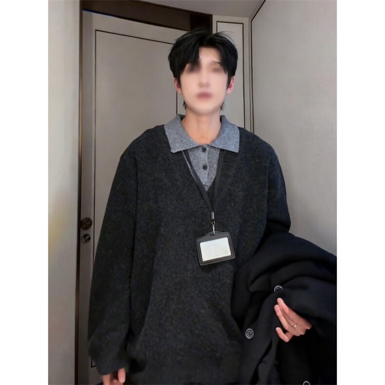 1506/QMY850/P57翻领假二件拼色毛衣图片