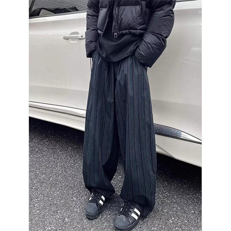 W9387-P48网图现货新款日系复古竖条纹弯刀阔腿裤拖地休闲长裤,男装休闲裤,星座1608-2