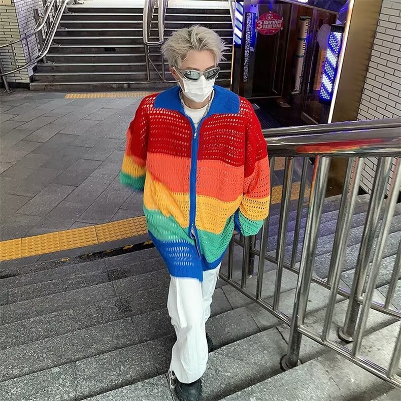 美式潮牌多巴胺彩色条纹镂空拉链针织开衫毛衣MY217-P48,男装针织衫/毛衣,星座1109-3
