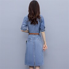 夏季新款POLO领纯色甜美修身白色假领子牛仔连衣裙女，女装连衣裙，微微衣阁