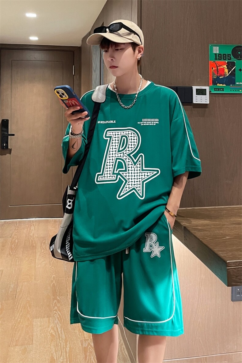 新款夏季小华夫格套装男短袖T恤裤子两件套情侣装男装TZ352P60,男装休闲套装,电商A086
