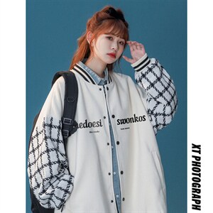 中性风  秋季宽松休闲棒球服拼色袖子情侣外套女G6705 P85控108图片