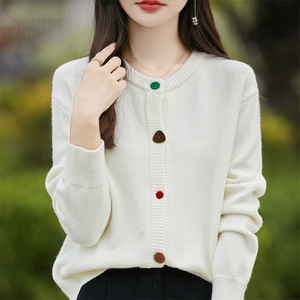 100%纯羊毛开衫女士圆领加厚彩扣长袖毛衣外套宽松羊绒衫针织外搭图片