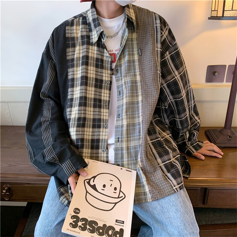 衬衫男秋季新款长袖格子拼接撞色日系复古休闲衬衣外套 W5187-P41图片