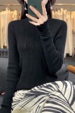 春秋打底衫精纺100%羊毛衫女半高领蕾丝边套头毛衣内搭薄针织上衣，女装针织衫/毛衣，凯思米羊绒