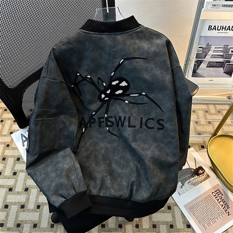 美式新款蜘蛛刺绣PU皮夹克男女春秋小众百搭休闲外套JK08555-P75图片