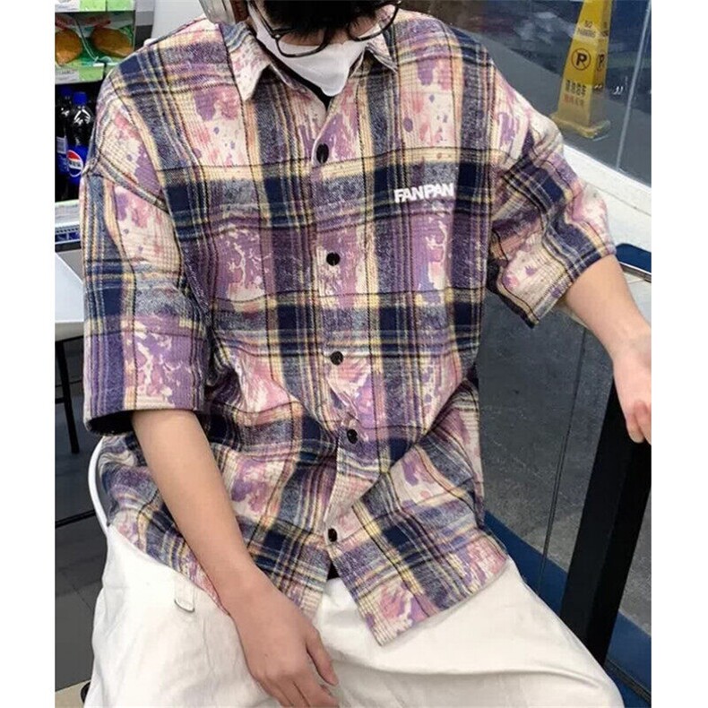 扎染短袖格子衬衫男夏季高街设计感衬衣vintage防嗮外套CY97,男装T恤,星座1116A（原606A-3）