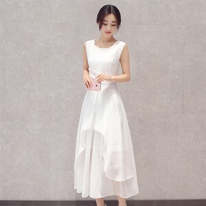 中长款2022年夏季短袖套头件高腰圆领通勤连衣裙欧根纱纯色气质，女装连衣裙，时尚俏佳人