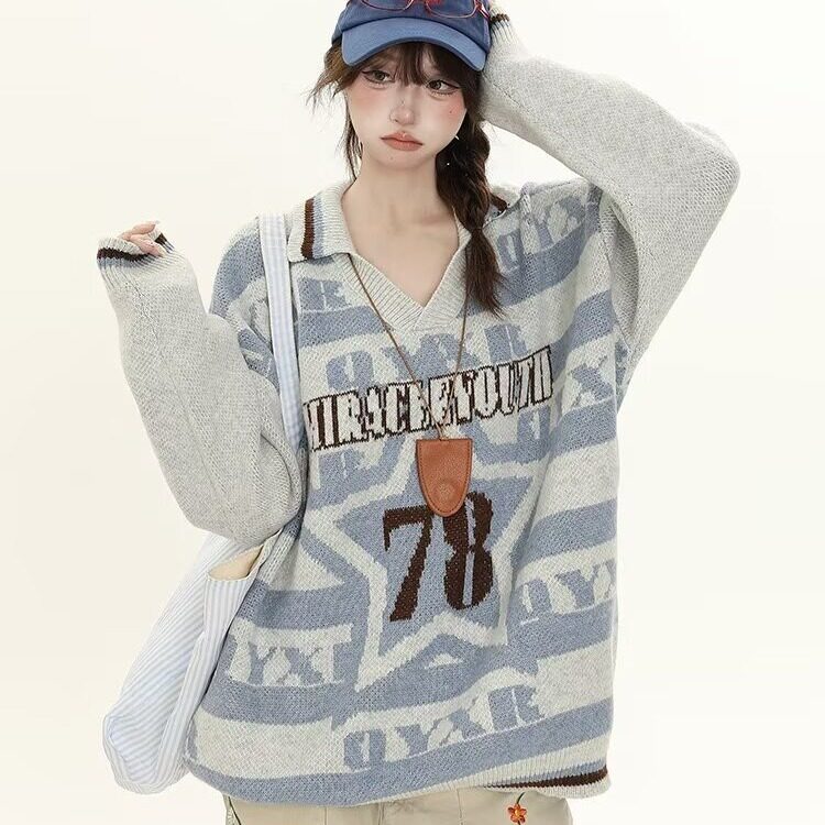 D069-P57字母蓝色显瘦毛衣女秋冬慵懒风软糯宽松POLO衫套头,男装针织衫/毛衣,电商B323A