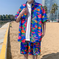 套装特批情侣短袖衬衫大花沙滩裤C188套装P45上衣P25中裤P20，男装休闲套装，电商A056