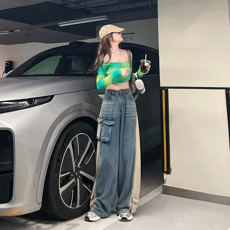 2025新款重工立体口袋美式复古水洗黄直筒工装酷帅牛仔裤女阔腿裤，女装牛仔裤，星座218-8