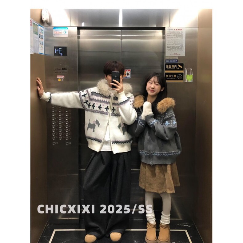 CHICXIXI25AW复古费尔岛大毛领连帽开衫双拉链毛衣外套男女秋冬,男装针织衫/毛衣,四季星座505