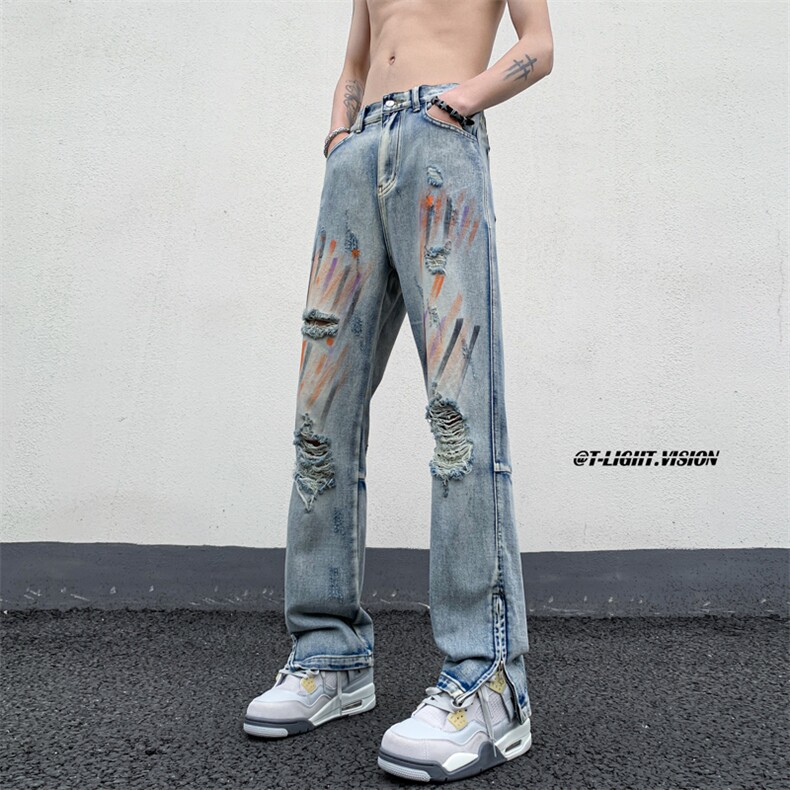 B221 美式ins高街暗黑小众拉链喷墨破洞牛仔裤 LK23085-P65 控88图片