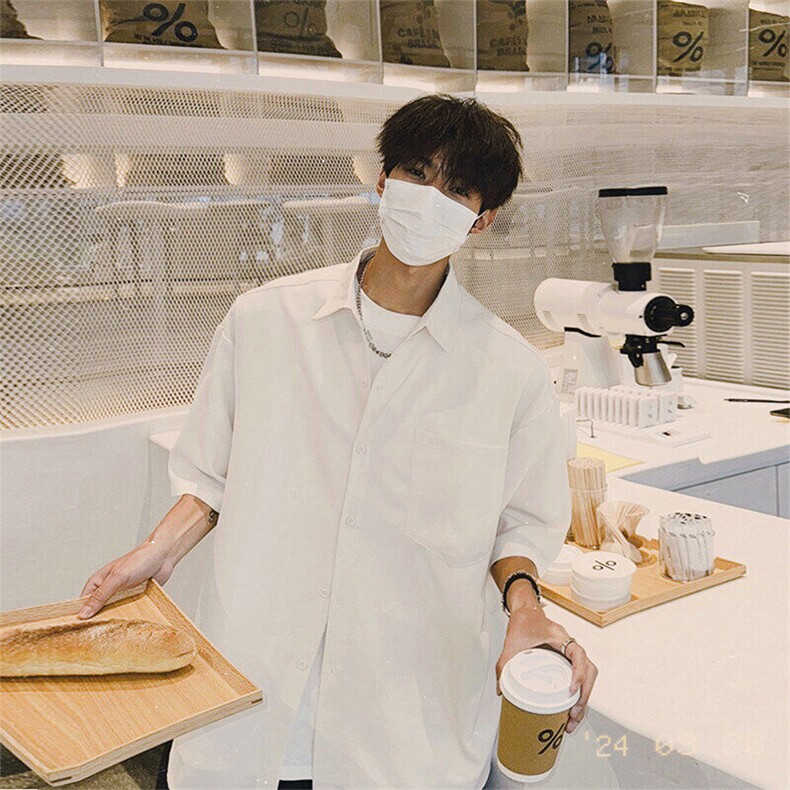 冰丝短袖白衬衫男士夏季薄款港风复古宽松高级感休闲衬衣防晒外套,男装衬衫,电商A102
