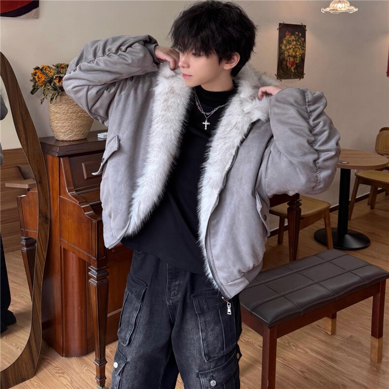 行星世界冬季新款麂皮绒双面穿棉服男复古毛领座山雕宽松加厚外套,男装棉衣,星座506A