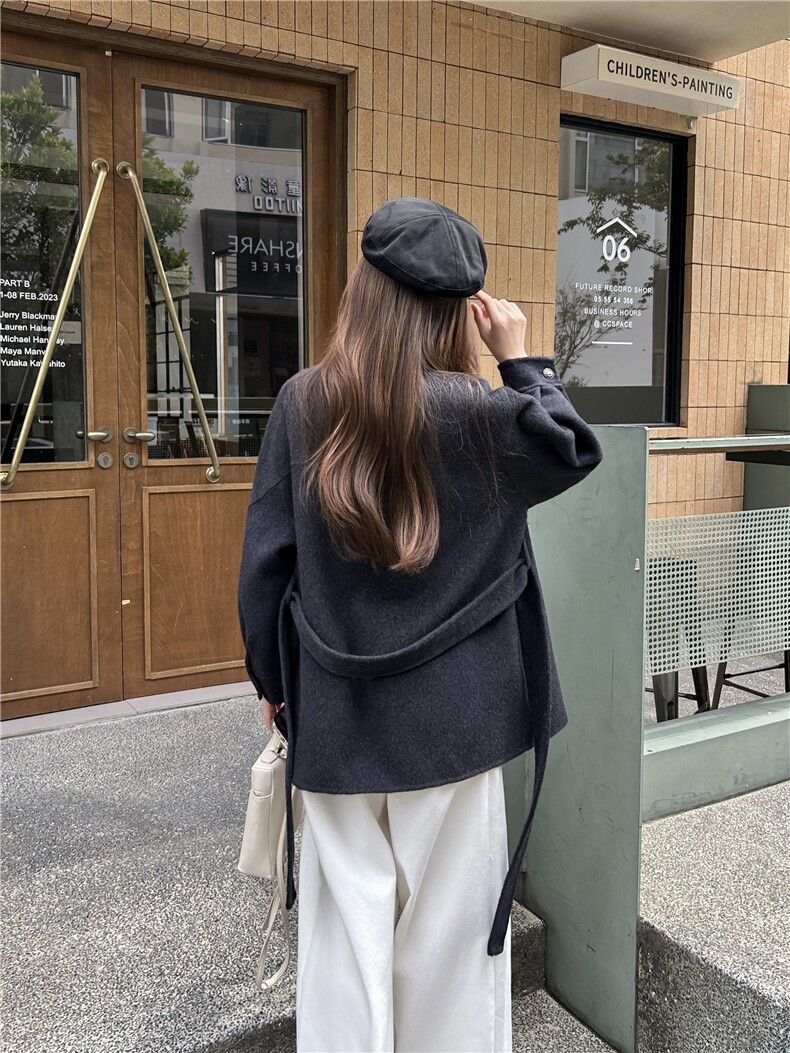 2025年春季新款短款纯色带腰带外套时尚休闲通勤百搭,女装毛呢外套,宸诺服饰