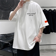 LD54244-P45连帽短袖t恤男大码胖子带帽五分袖中袖，男装T恤，电商A040