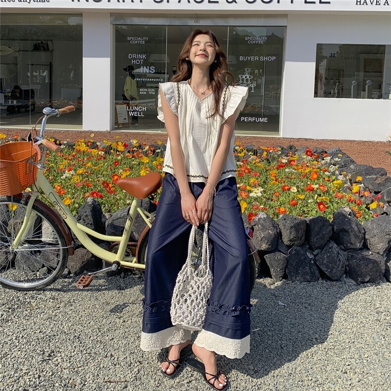新款2025夏装飞飞袖小衫+木耳边阔腿裤两件套2547-P165-K248,女装套装/套裙,2C057