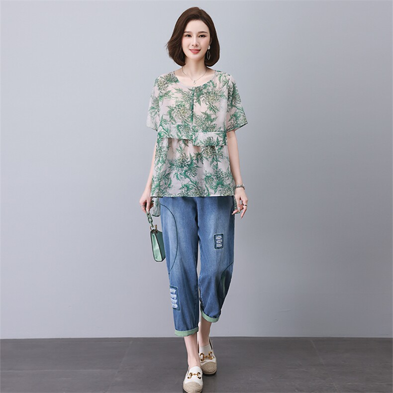 时尚休闲印花套装女宽松显瘦大码两件套夏季新款潮流百搭上衣牛仔裤,女装套装/套裙,叶笙衣