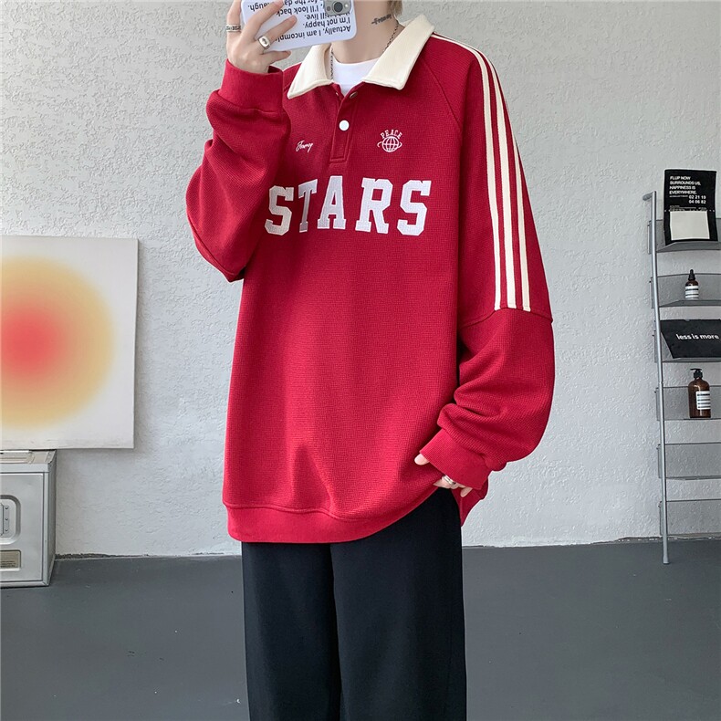 美式复古Polo领卫衣大码秋季重磅刺绣条纹上衣撞色外套WY5113/P65，女装短外套，电商B238