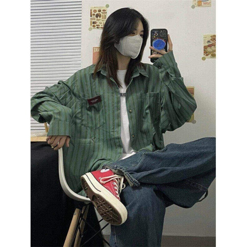 日系复古港风条纹衬衫男女长袖少年感中性宽松上衣男LC522-p37,男装衬衫,星座1008