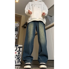 dirtyfit裤子水洗蓝阔腿直筒牛仔裤垂感高级感XZ310A-4-NZ10，男装牛仔裤，星座310A-4