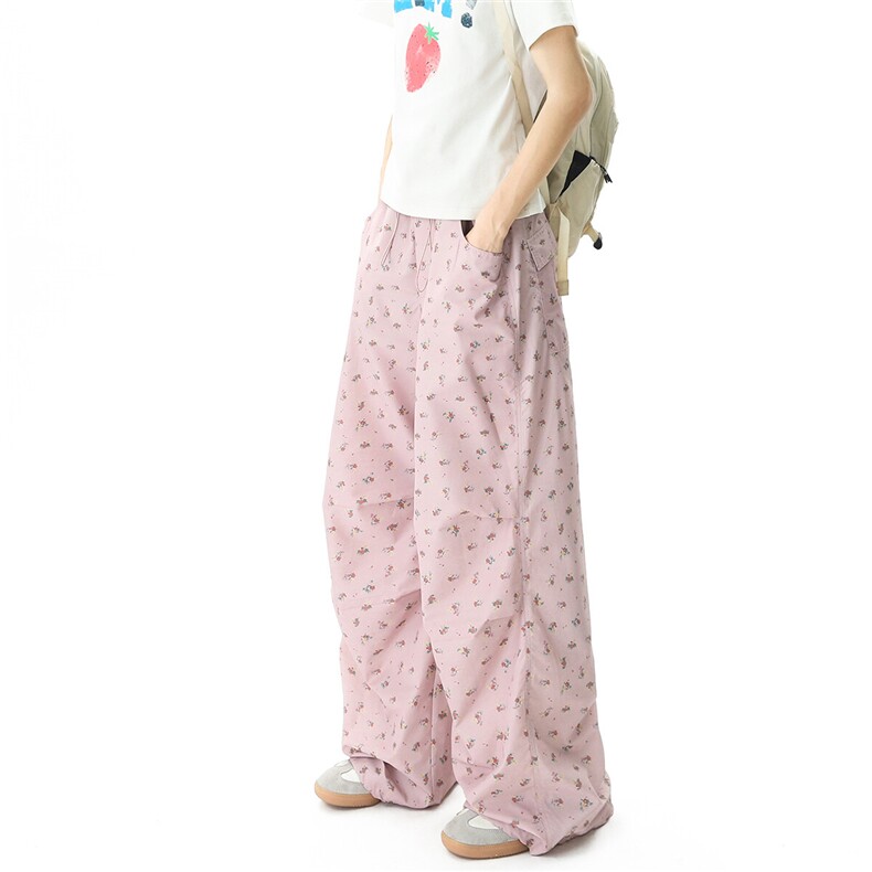 夏季清爽慵懒风速干粉色碎花宽松阔腿休闲裤XZ502-K841-P65控89,男装休闲裤,星座502
