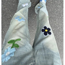花朵牛仔裤男秋季小众微喇裤春秋美式高街直筒裤子N8866-P50，男装牛仔裤，星座208-5