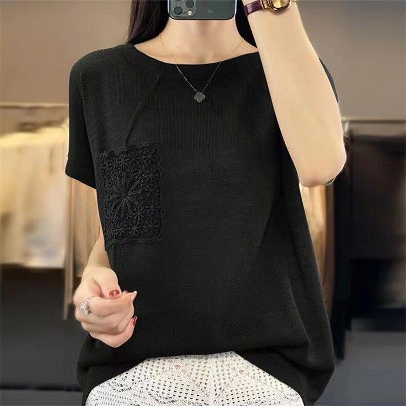 短袖T恤女士2025新款夏季高级感重工上衣宽松大码女装冰丝针织衫,针织衫/毛衣,萱芳婷羊绒