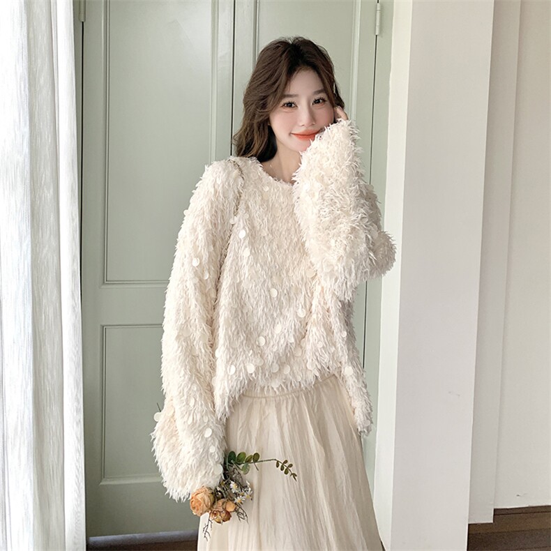 韩系chic独特漂亮超好看单穿上衣女春秋米白色亮片辣妹内搭毛毛衣，女装大码女装，浙宝208