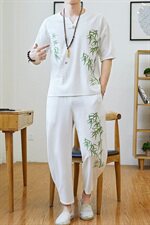 风短袖t恤男宽松大码男棉麻夏季潮流两件套亚麻套装TZ96，男装T恤，星座509