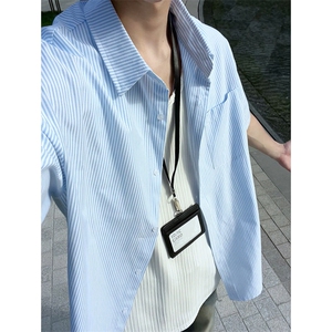 夏季条纹短袖衬衫男潮牌宽松休闲翻领衬衣外套DC2237-特价P26图片