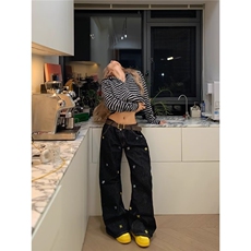 大码胖MM美式黑蓝色牛仔裤女春季新款高腰宽松垂感阔腿裤子，男装牛仔裤，星座506A