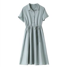 2021年夏季排扣中长款POLO领短袖纯色妈妈连衣裙棉麻韩版裙子，女装连衣裙，伊满意