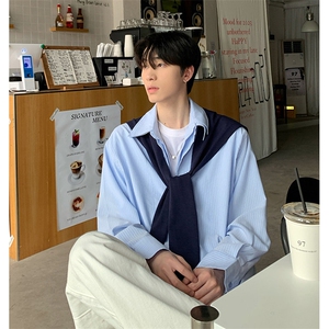 抖音得物品质二开春装美式潮牌披肩条纹长袖衬衫男女休闲宽松衬衣图片