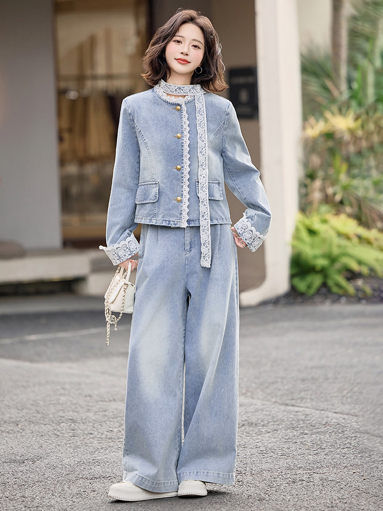 牛仔套装女春装2025新款超火开春穿搭小个子阔腿裤两件套洋气时尚,女装套装/套裙,天丝秀