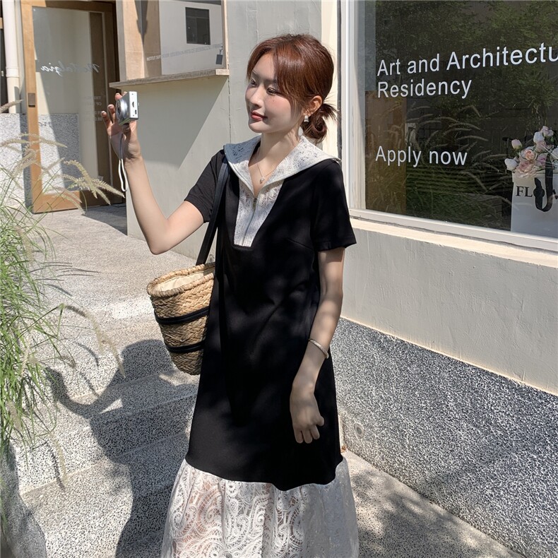 黑色蕾丝拼接连衣裙女中长款2025夏新款法式显瘦气质设计感鱼尾裙,女装连衣裙,秋水欣儿