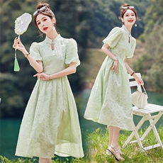 新中式盐缩夏季2024新款时尚减龄温柔风连衣裙现货！，女装连衣裙，韩蜜菓