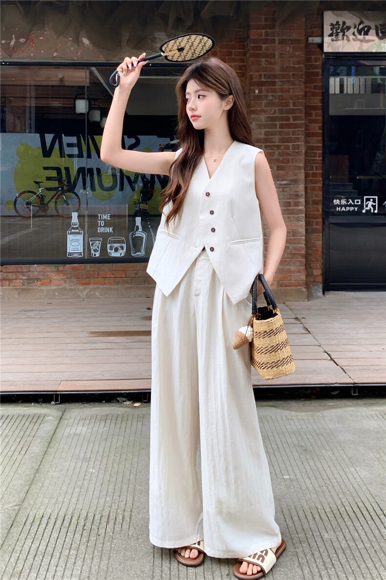 老钱风亚麻西装马甲阔腿两件套女2026新款夏季薄款透气高级感套装,女装套装/套裙,艾米莉亚