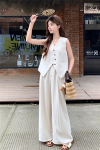 老钱风亚麻西装马甲阔腿两件套女2026新款夏季薄款透气高级感套装图片