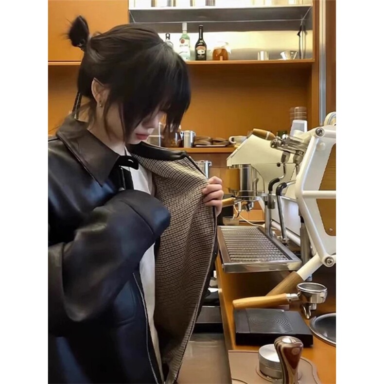 706-1-PY890-P108特P现货男士短款猎装千鸟格外套pu皮夹克潮,男装夹克,星座706-1