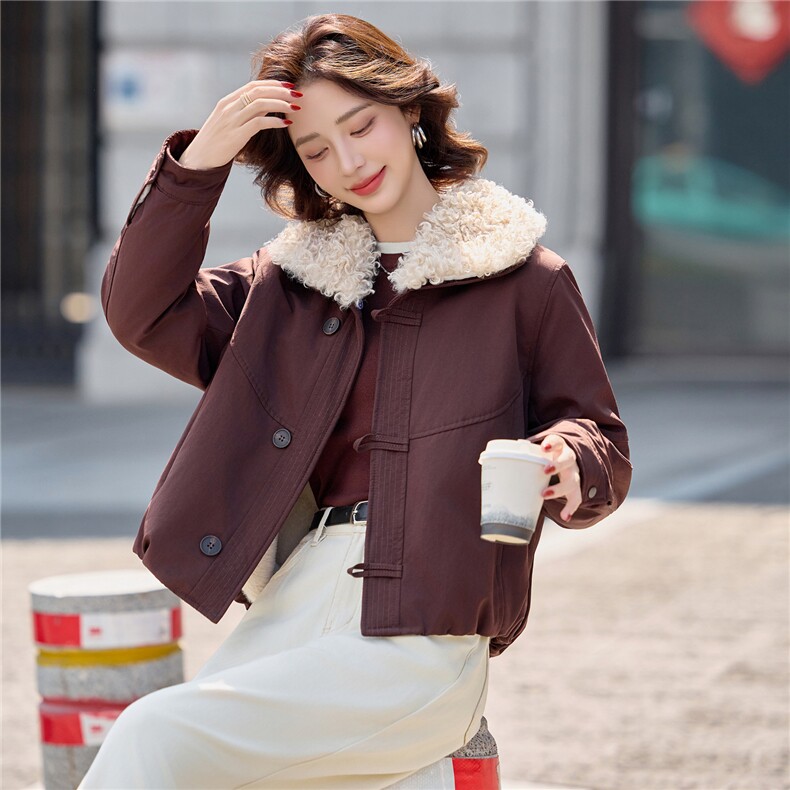 时尚羊羔毛领加绒派克服外套女2025冬季新款休闲气质保暖棉服上衣,女装短外套,印象茜