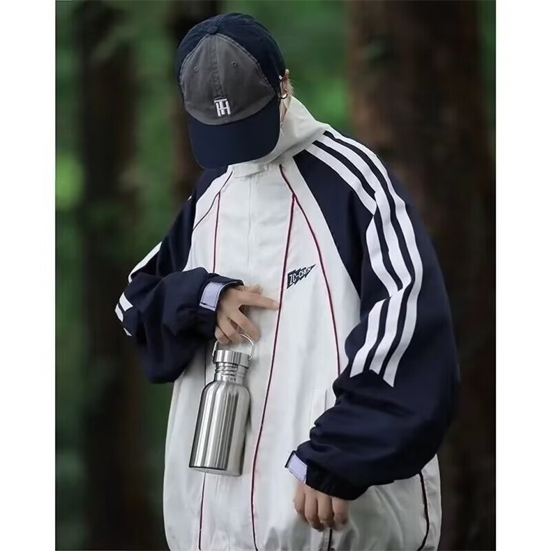 条纹拼接男款休闲外套秋季高街撞色情侣上衣宽松翻领夹克J576/P65,男装夹克,星座506