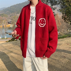 B293-P62笑脸提花红色开衫毛衣外套男2024新款宽松慵懒风针织衫，男装针织衫/毛衣，星座512-6