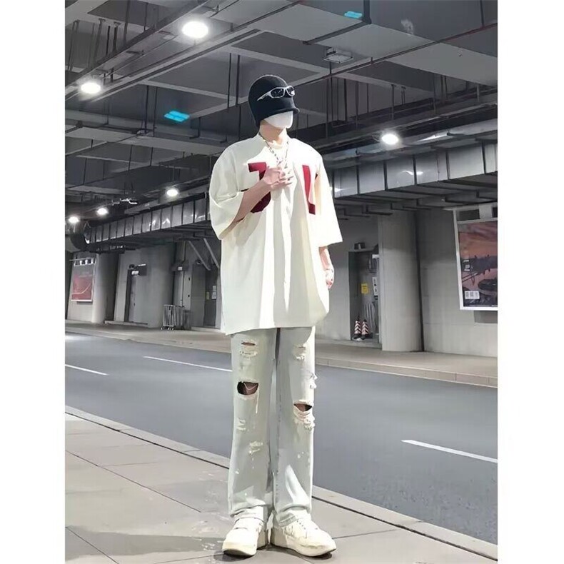DE0013-P45现货破洞水洗牛仔裤男美式潮牌直筒裤潮-网图现货,男装牛仔裤,星座603-2