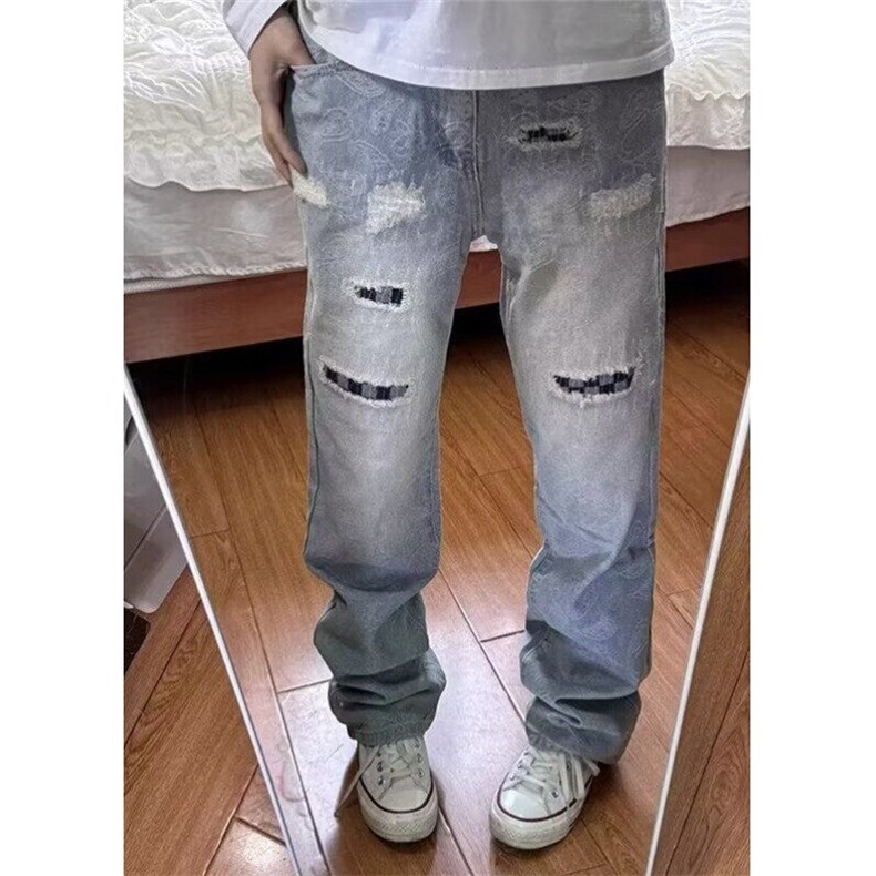 高街复古腰果花牛仔裤男女破洞补丁小众设计感显瘦炸街裤NB191,男装牛仔裤,星座1116A（原606A-3）