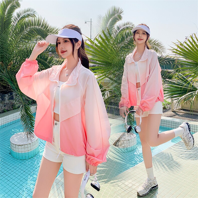 韩版立领抽绳渐变色宽松显瘦气质减龄防晒衣长袖短款户外百搭夏季，女装防晒衣，蝶眷